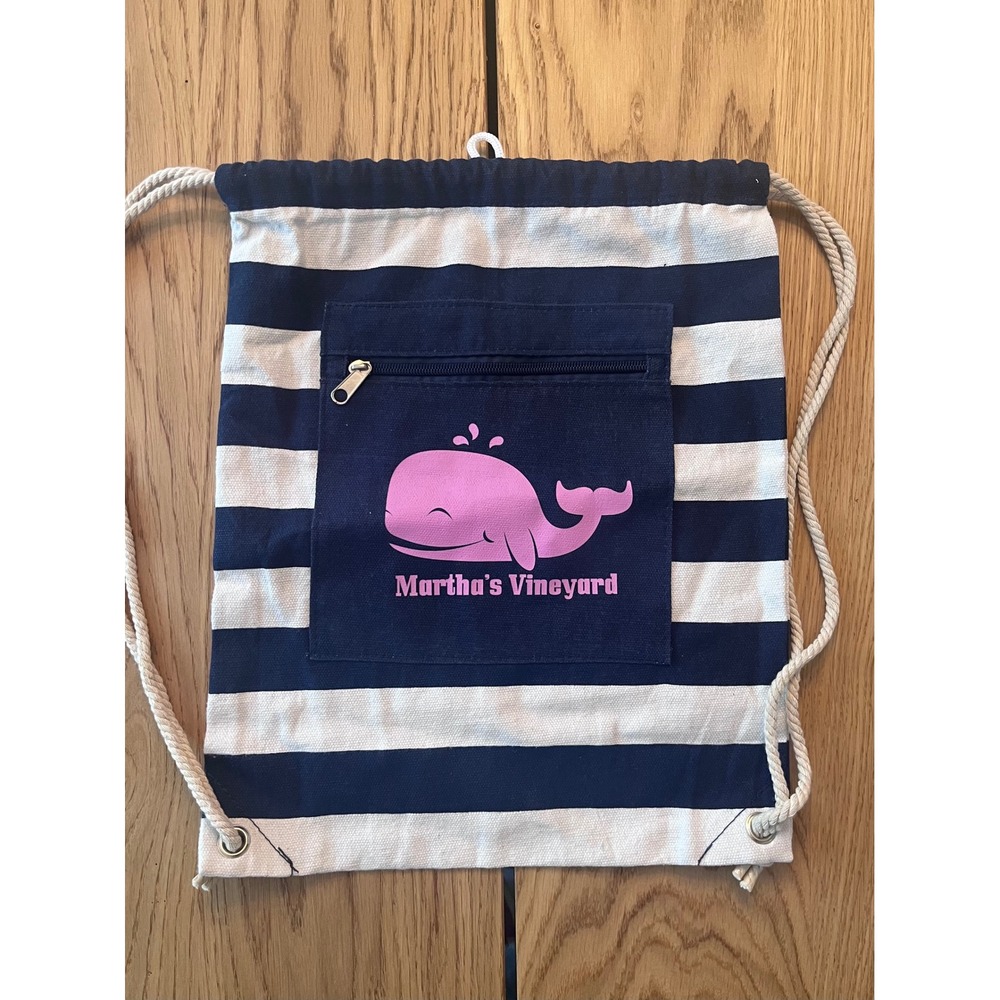 Martha's Vineyard Canvas Drawstring Backpack Navy White Striped Pink Whale Bag